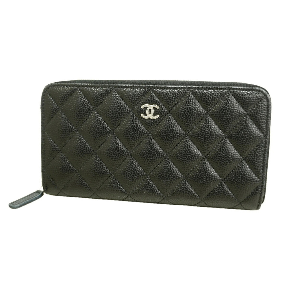 Chanel long wallet, Matelassé caviar leather, black, women's.